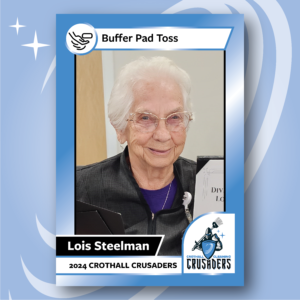 Photo of Lois Steelman, a Crothall associate, with a frame around it that says she is the winner of the Buffer Pad Toss