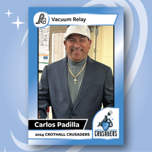 Photo of Carlos Padilla, a Crothall associate, with a frame around it that says he is the winner of the Vacuum Relay