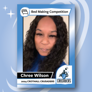 Photo of Chree Wilson of Crothall with a frame around it that says she is the winner of the Bed Making Competition