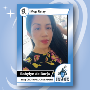 Photo of Babylyn de Borja, a Crothall associate, with a frame around it that says she is the winner of the Mop Relay